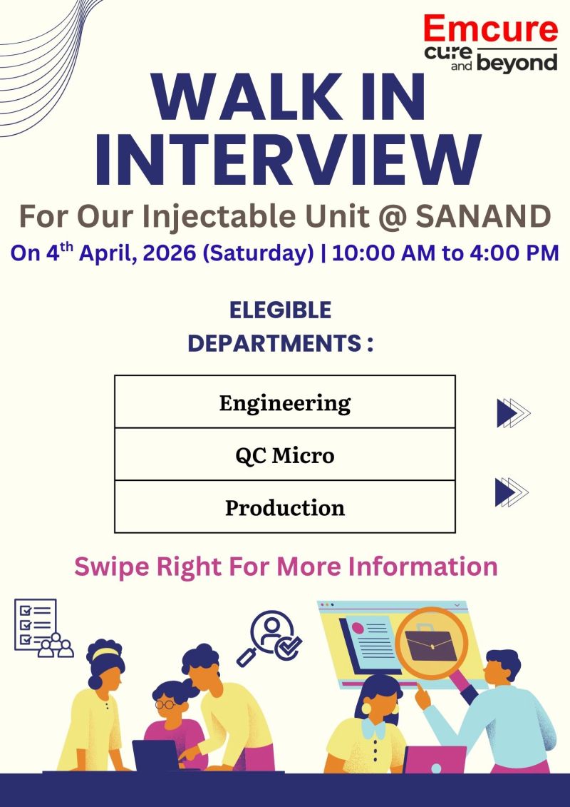 Emcure Pharmaceuticals Ltd – Walk-In Interview For Multiple Departments on 04 April 2026