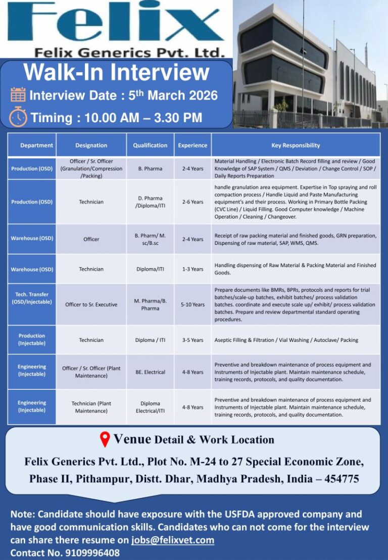 Felix Generics Pvt. Ltd. – Walk-In Interview For Multiple Departments on 05 March 2026