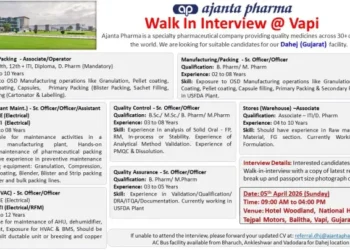 Ajanta Pharma Ltd – Walk-In Interview For Multiple Departments on 05 April 2026