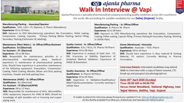 Ajanta Pharma Ltd – Walk-In Interview For Multiple Departments on 05 April 2026
