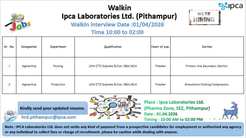Ipca Laboratories Ltd. – Walk-In Interview For Apprentice Roles on 01 April 2026