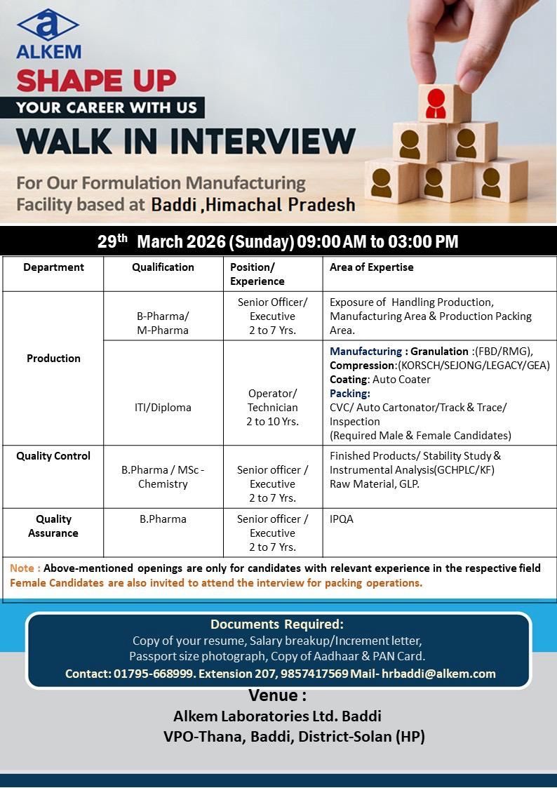 Alkem Laboratories Ltd – Walk-In Interview For Production, QC & QA Departments on 29 March 2026