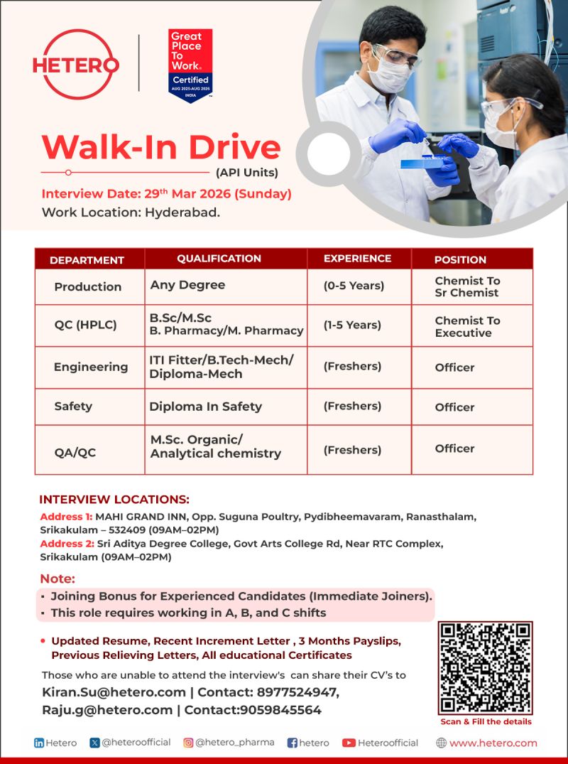 Hetero – Walk-In Interview For Multiple Departments on 29 March 2026