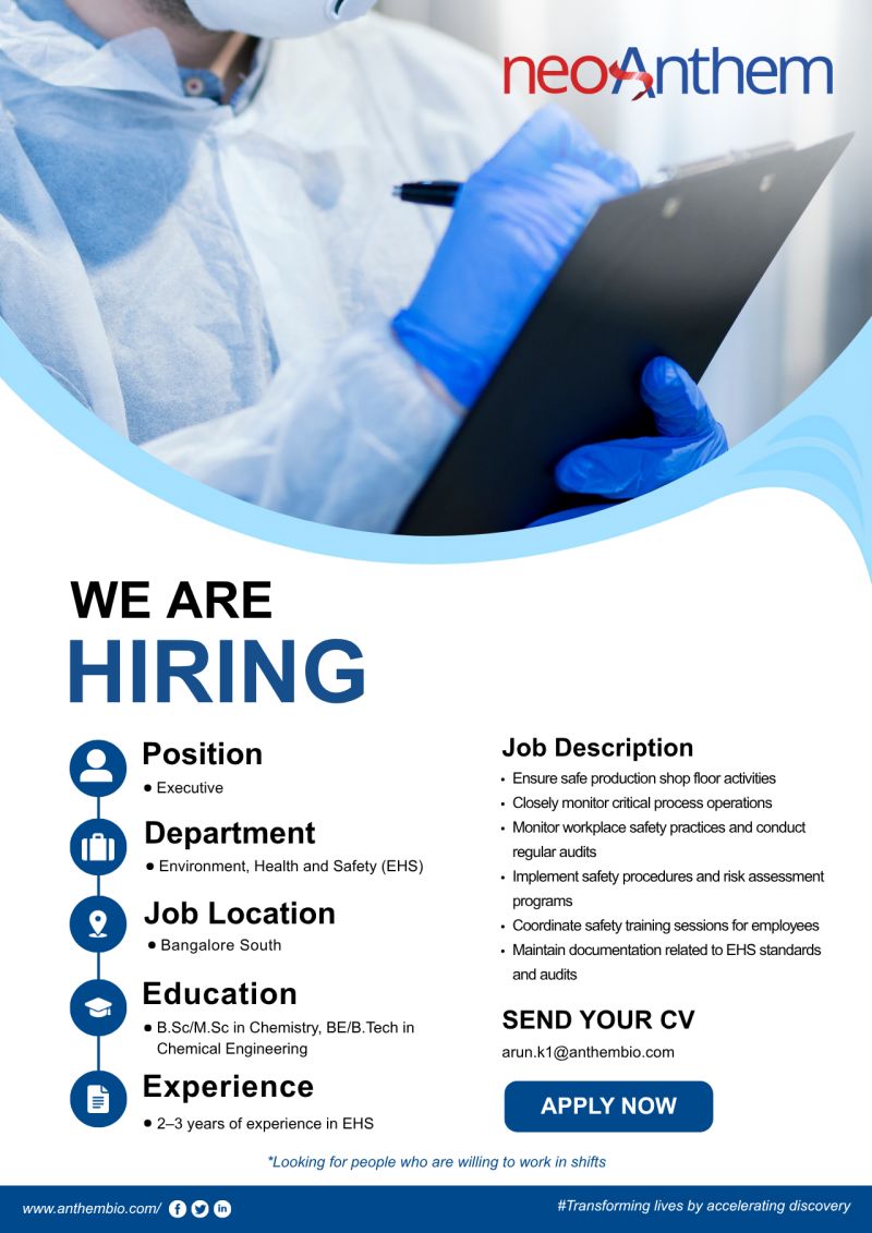 Neoanthem Biosciences – Hiring For EHS Executive || Apply Now