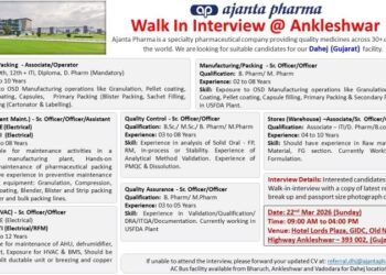 Ajanta Pharma – Walk-In Interview For Multiple Departments on 22nd March 2026