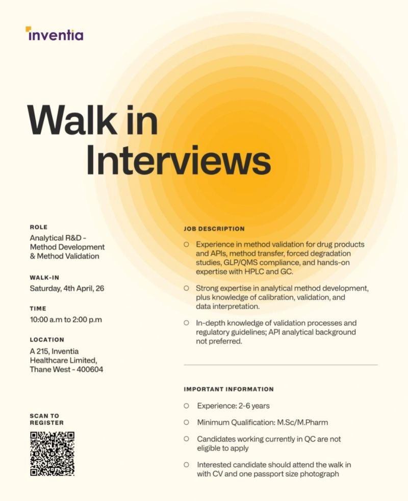 Inventia Healthcare Limited – Walk-In Interview For Analytical R&D on 4th April 2026