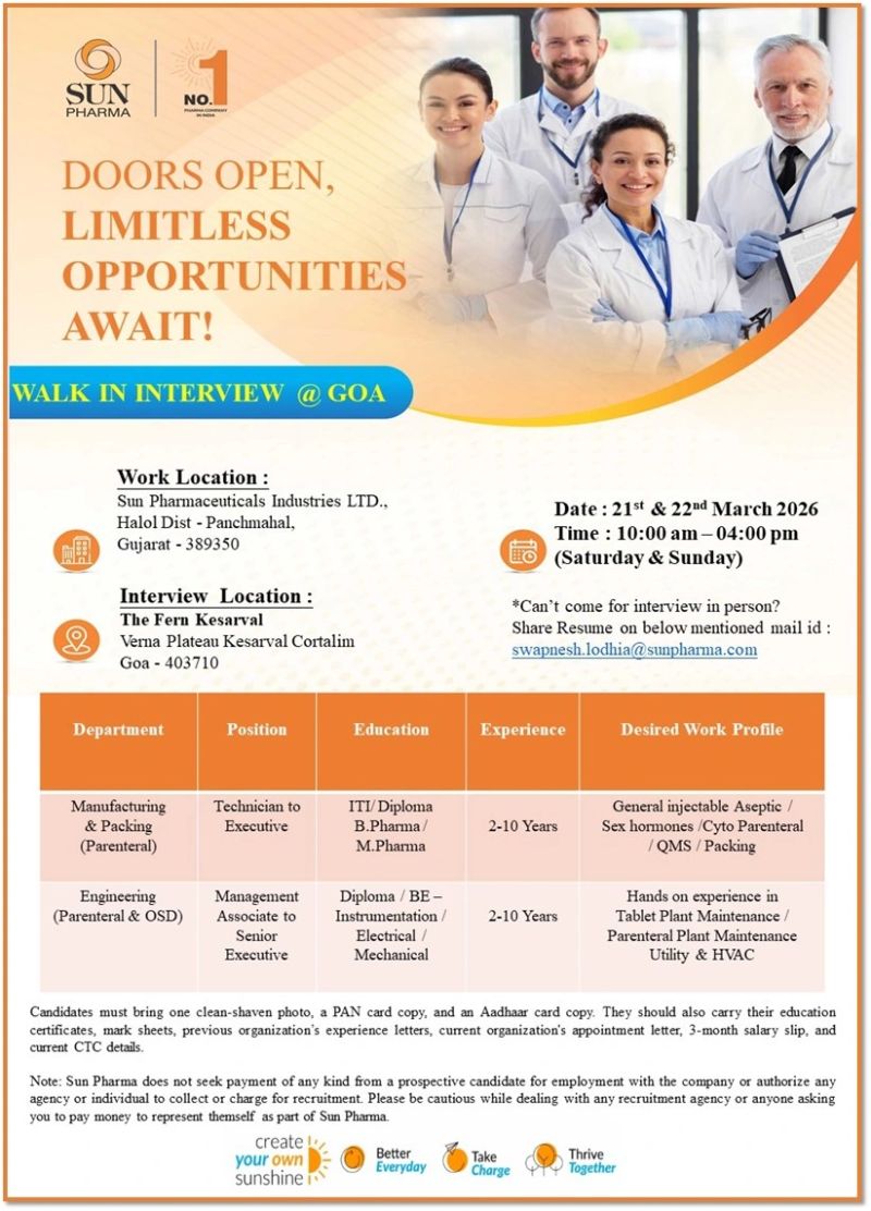 Sun Pharmaceutical Industries Ltd – Walk-In Interview For Multiple Departments on 21st & 22nd March 2026