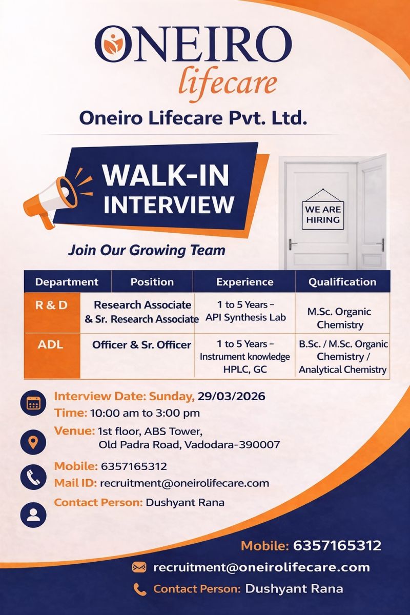 Oneiro Lifecare Pvt. Ltd – Walk-In Interview For Multiple Departments on 29 March 2026