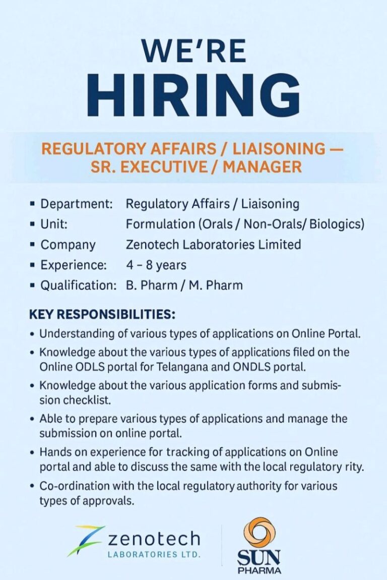 Zenotech Laboratories Limited – Hiring For Regulatory Affairs / Liaisoning on Multiple Roles || Apply Now