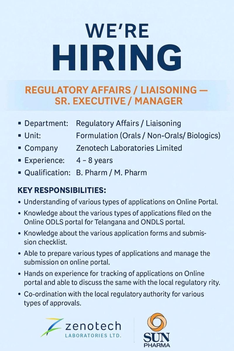 Zenotech Laboratories Limited – Hiring For Regulatory Affairs / Liaisoning on Multiple Roles || Apply Now