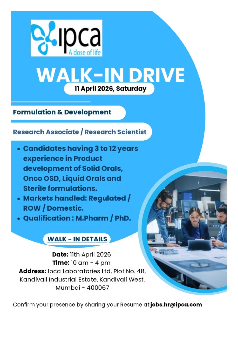 Ipca Laboratories Ltd – Walk-In Interview For Formulation & Development on 11 April 2026