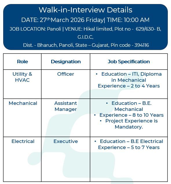 Hikal Limited – Walk-In Interview For Utility, Mechanical & Electrical Departments on 27 March 2026