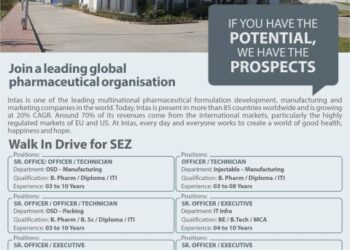 Intas Pharmaceuticals Ltd – Walk-In Interview For Multiple Departments on 8 March 2026