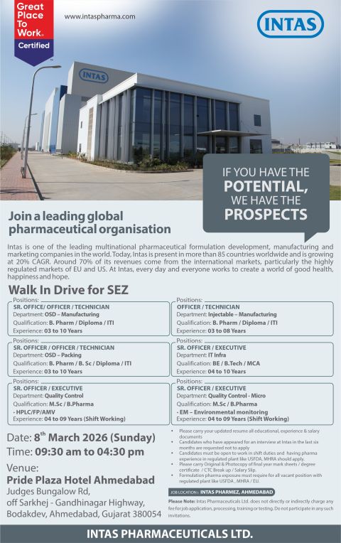 Intas Pharmaceuticals Ltd – Walk-In Interview For Multiple Departments on 8 March 2026