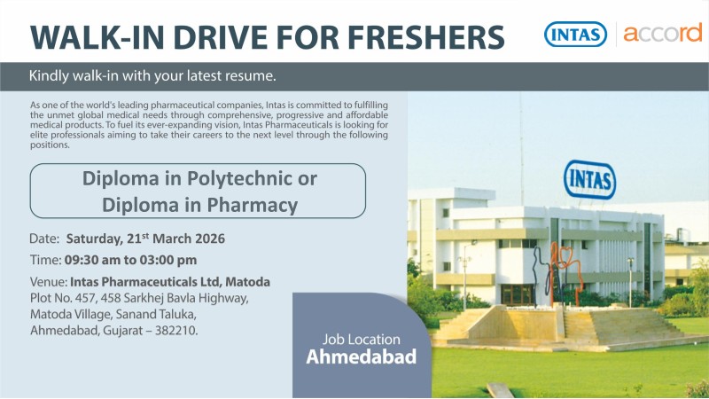 Intas Pharmaceuticals Ltd – Walk-In Interview For Freshers on 21st March 2026