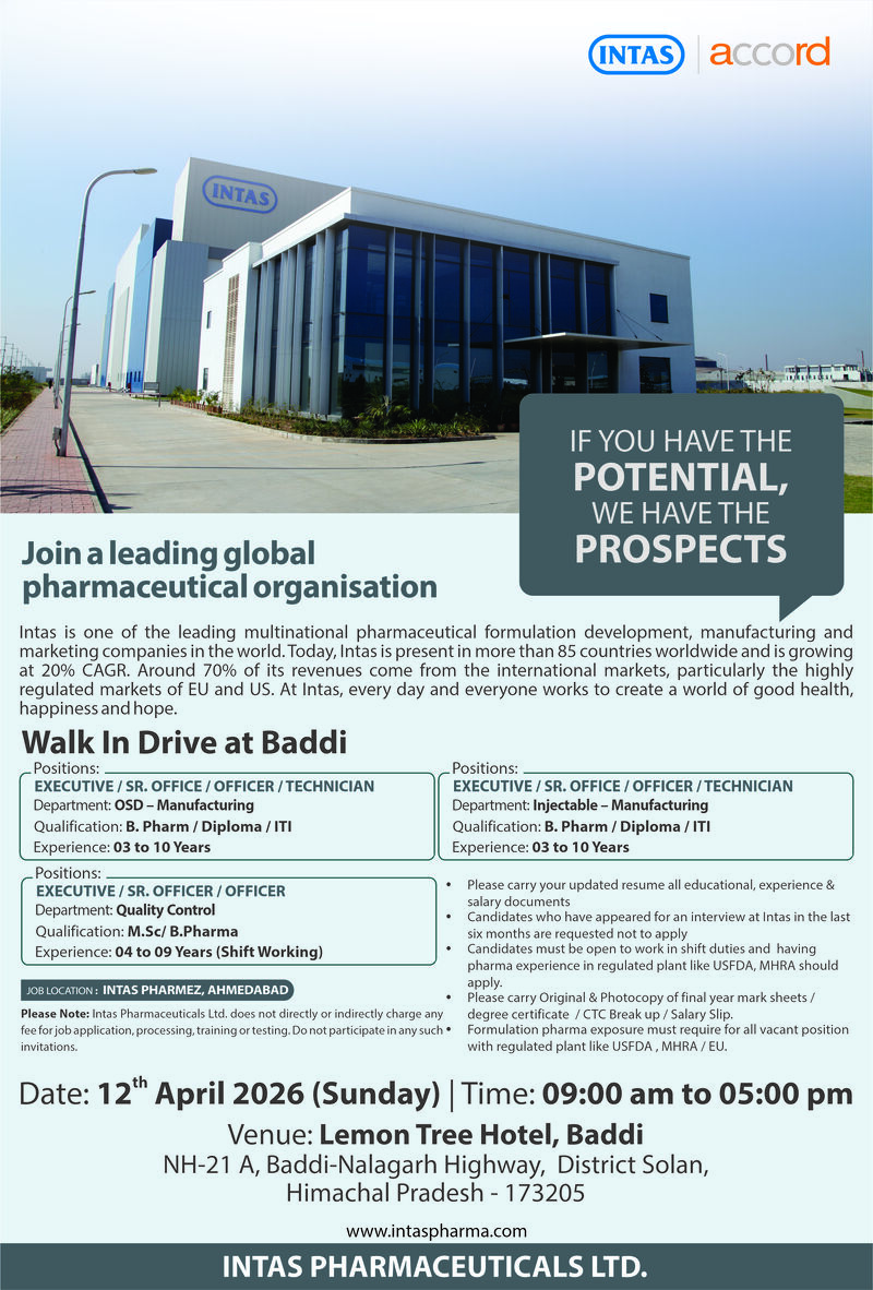 Intas Pharmaceuticals Ltd – Walk-In Interview For OSD, Injectable & QC Departments on 12 April 2026