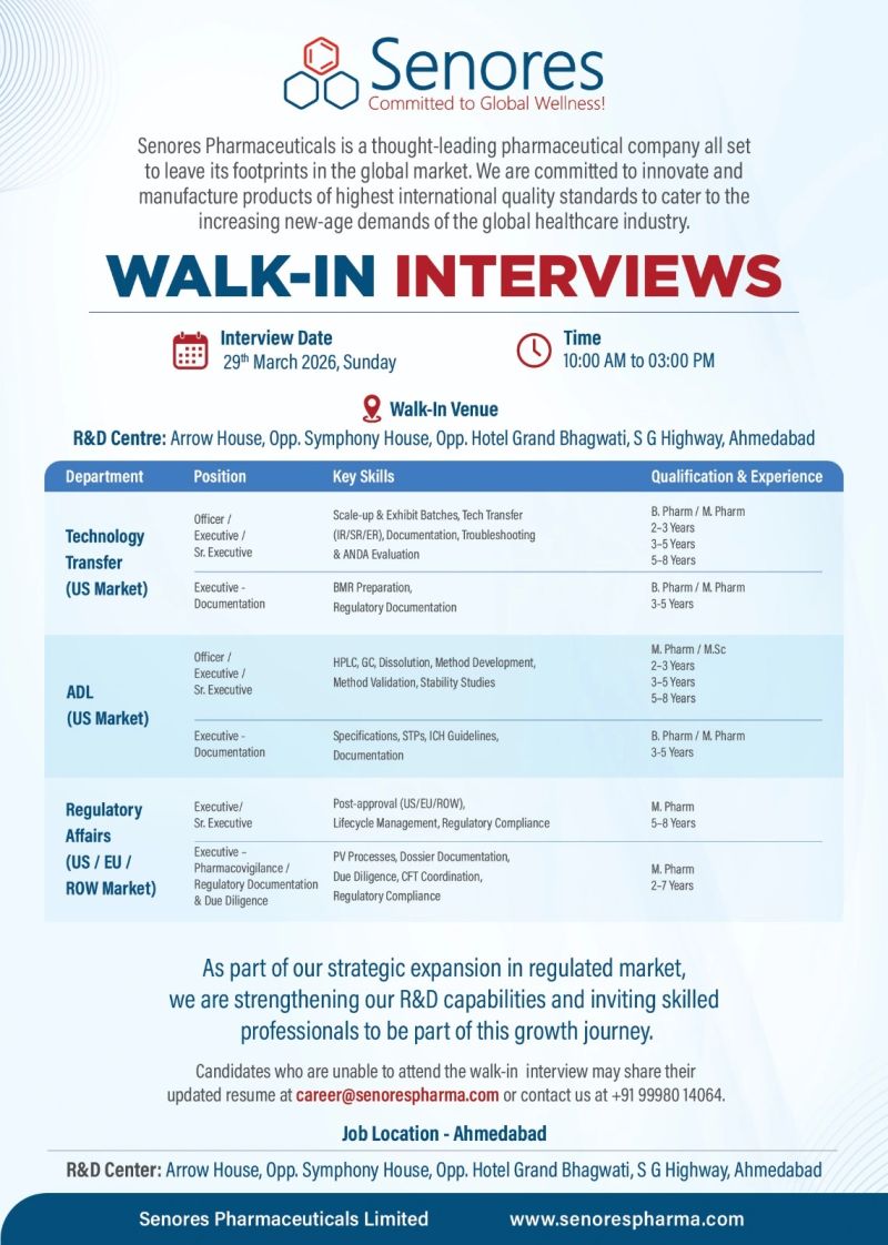 Senores Pharmaceuticals Limited – Walk-In Interview For Multiple Departments on 29 March 2026