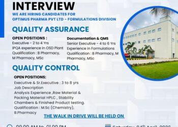 Optimus Pharma Pvt. Ltd – Walk-In Interview For QA & QC Departments on 04 April 2026