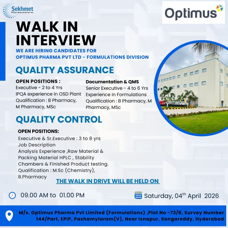 Optimus Pharma Pvt. Ltd – Walk-In Interview For QA & QC Departments on 04 April 2026