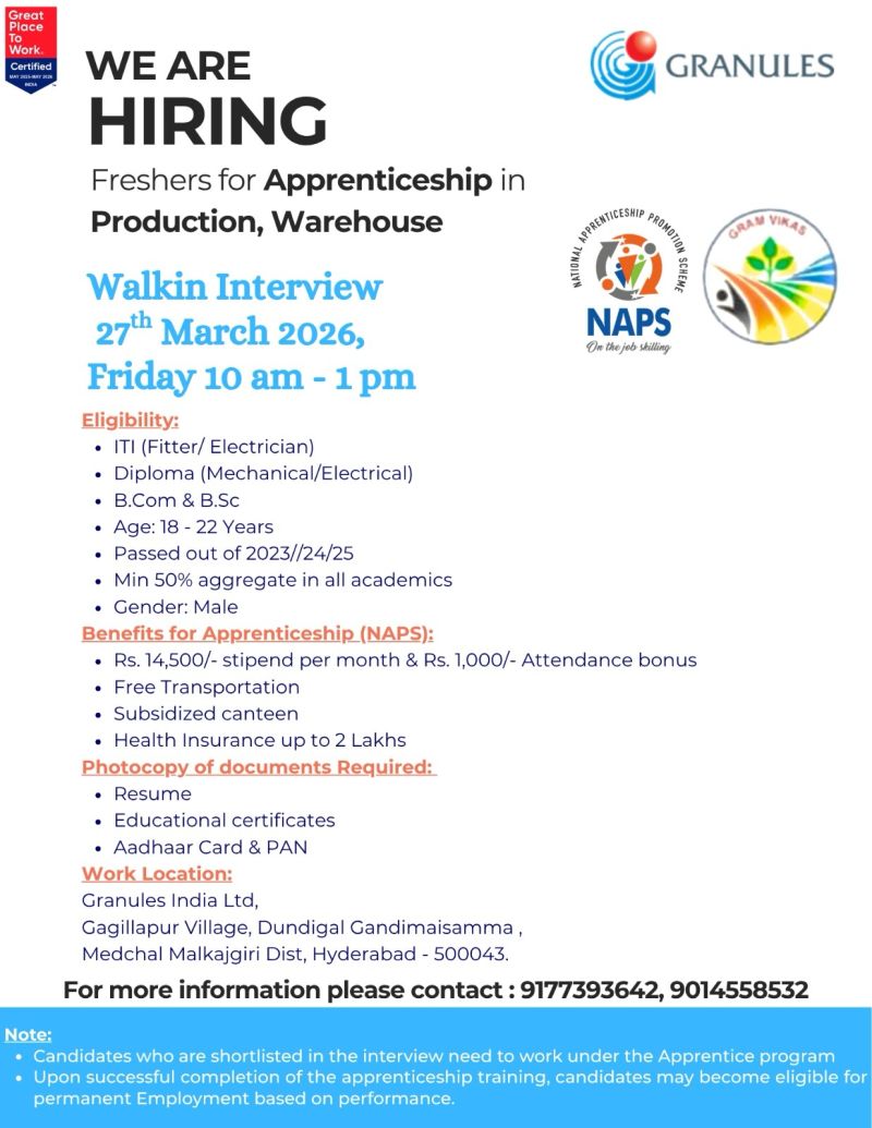 Granules India Ltd – Walk-In Interview For Apprenticeship (Production & Warehouse) on 27 March 2026