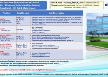Ajanta Pharma Limited – Walk-In Interview For QC, QA & Maintenance Departments on 28 March 2026