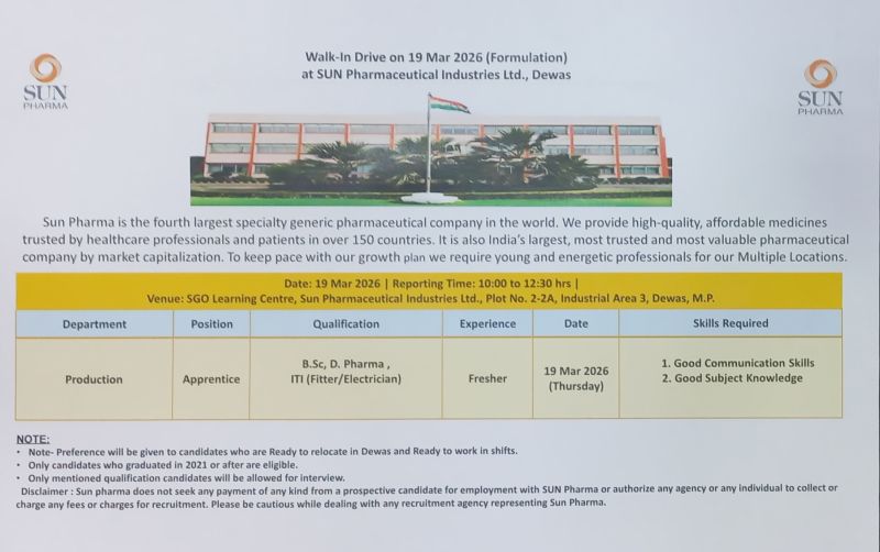 Sun Pharmaceutical Industries Ltd – Walk-In Interview For Apprentice on 19 March 2026