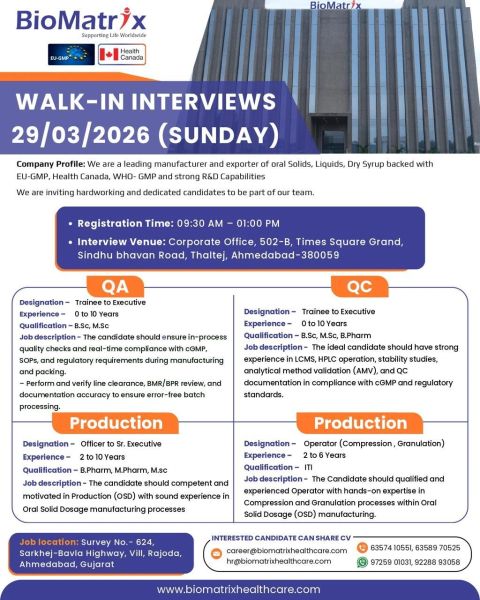 BioMatrix Healthcare Pvt. Ltd – Walk-In Interview For Multiple Departments on 29 March 2026