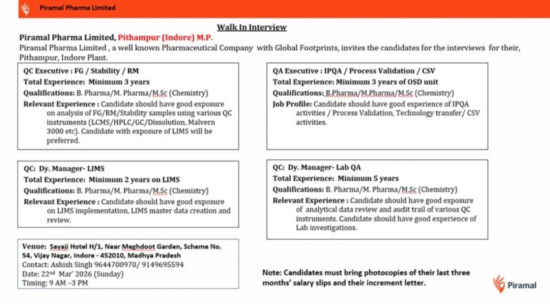 Piramal Pharma Limited – Walk-In Interview For Multiple Departments on 22 March 2026