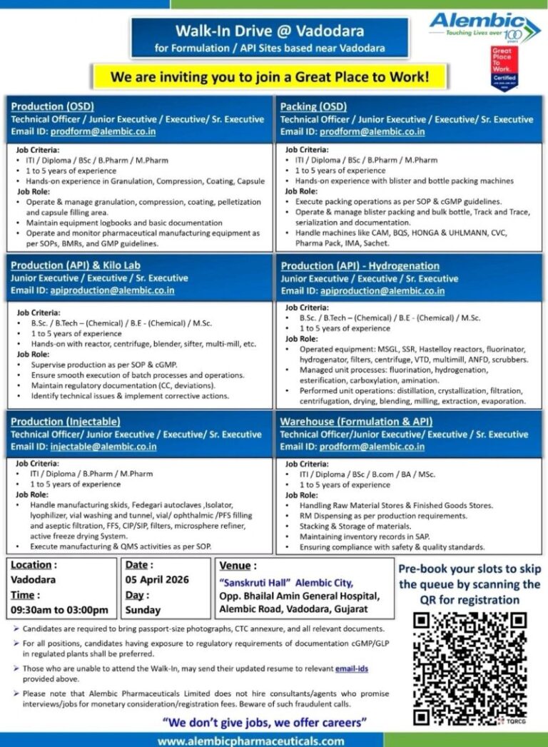 Alembic Pharmaceuticals Limited – Walk-In Interview For Multiple Departments on 05 April 2026