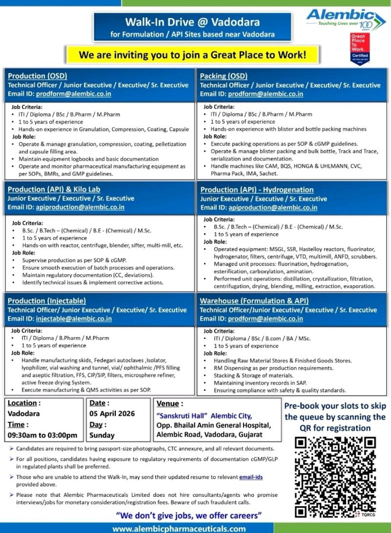 Alembic Pharmaceuticals Limited – Walk-In Interview For Multiple Departments on 05 April 2026