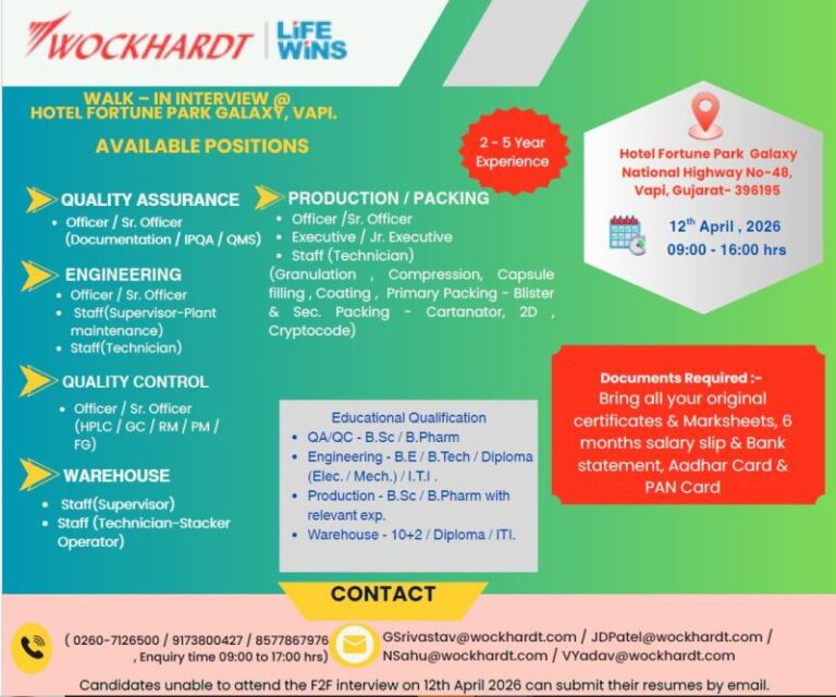 Wockhardt Ltd – Walk-In Interview For Multiple Departments on 12 April 2026