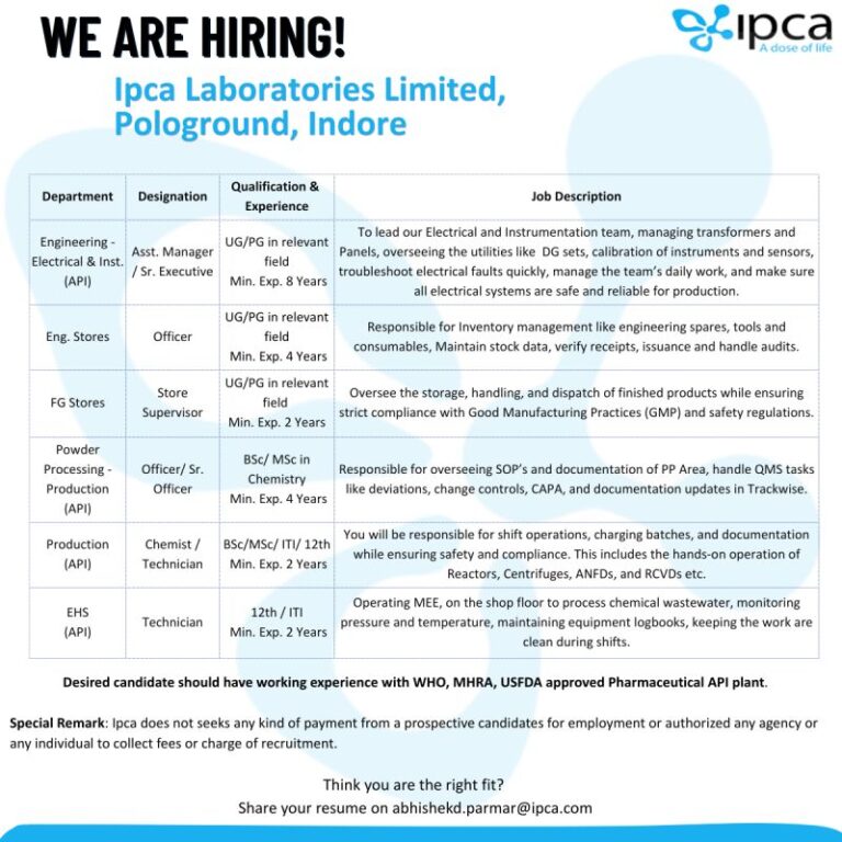 Ipca Laboratories Limited – Hiring For Multiple Departments || Apply Now