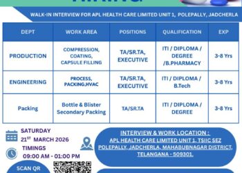 Aurobindo Pharma (APL Health Care Limited) – Walk-In Interview For Multiple Departments on 21st March 2026
