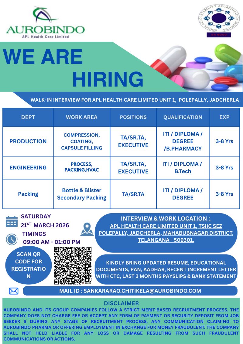 Aurobindo Pharma (APL Health Care Limited) – Walk-In Interview For Multiple Departments on 21st March 2026