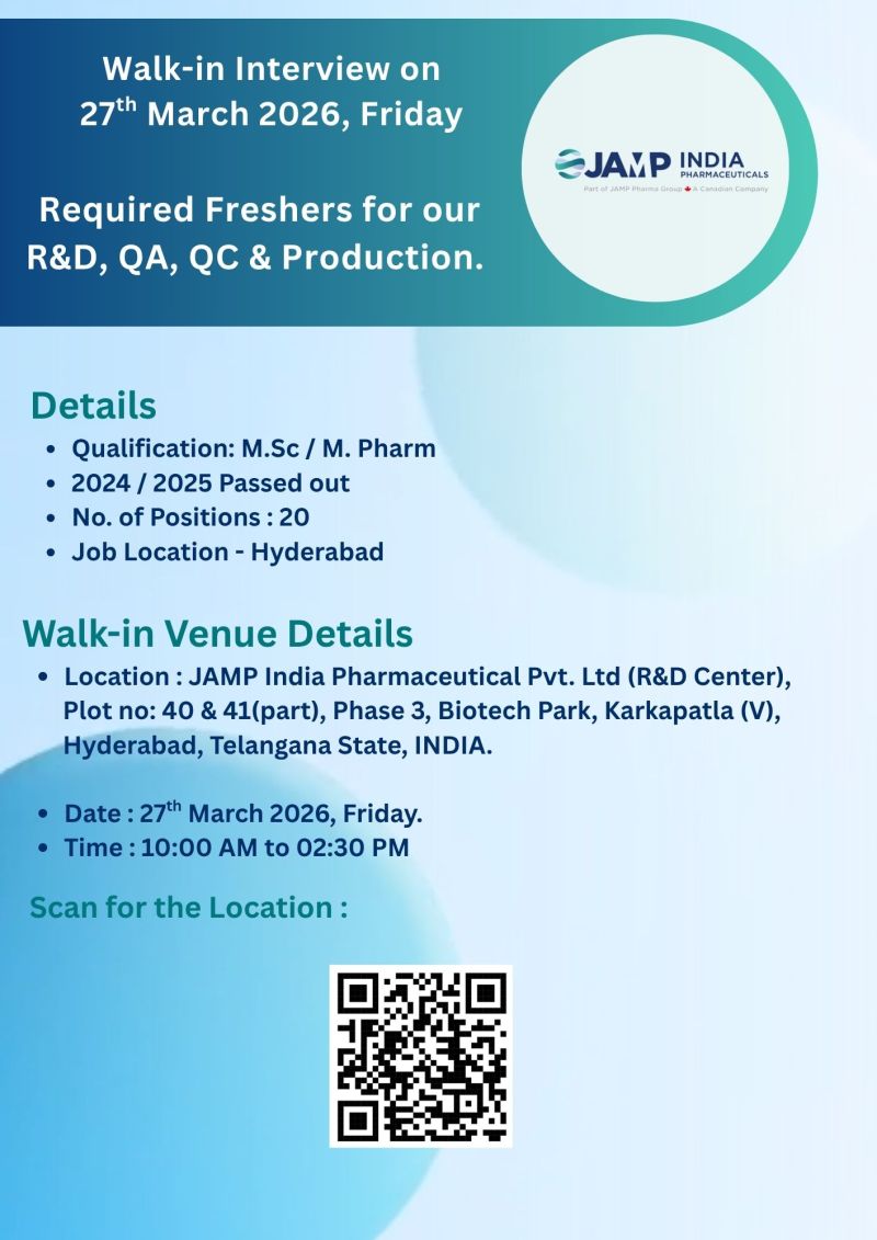 JAMP India Pharmaceuticals Pvt. Ltd – Walk-In Interview For Multiple Departments on 27 March 2026