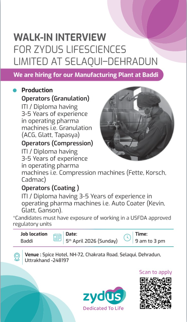 Zydus Lifesciences Limited – Walk-In Interview For Production Operators on 5 April 2026