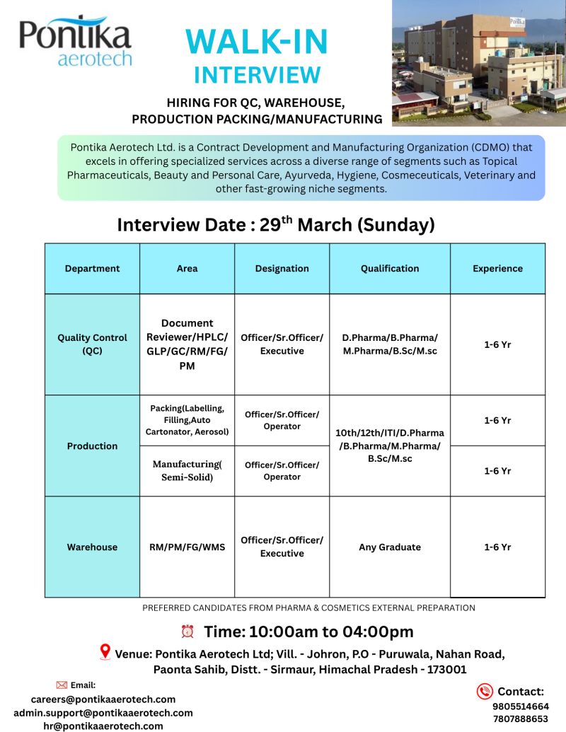 Pontika Aerotech Ltd – Walk-In Interview For Multiple Departments on 29 March 2026