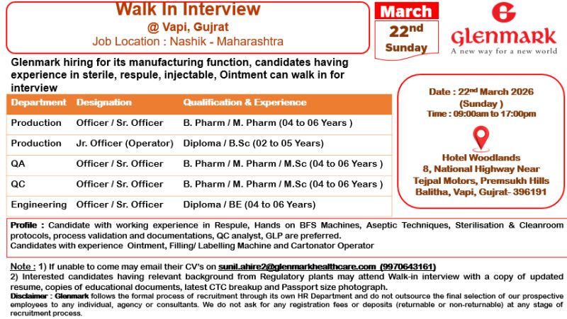 Glenmark Pharmaceuticals Ltd – Walk-In Interview For Production, QA, QC & Engineering on 22 March 2026