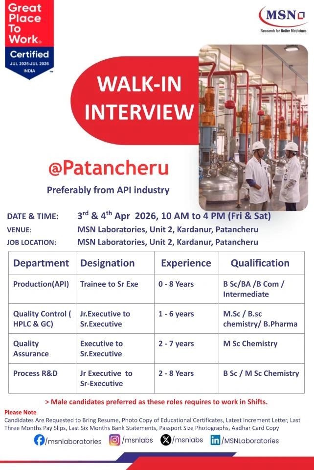 MSN Laboratories – Walk-In Interview For Multiple Departments on 03 & 04 April 2026