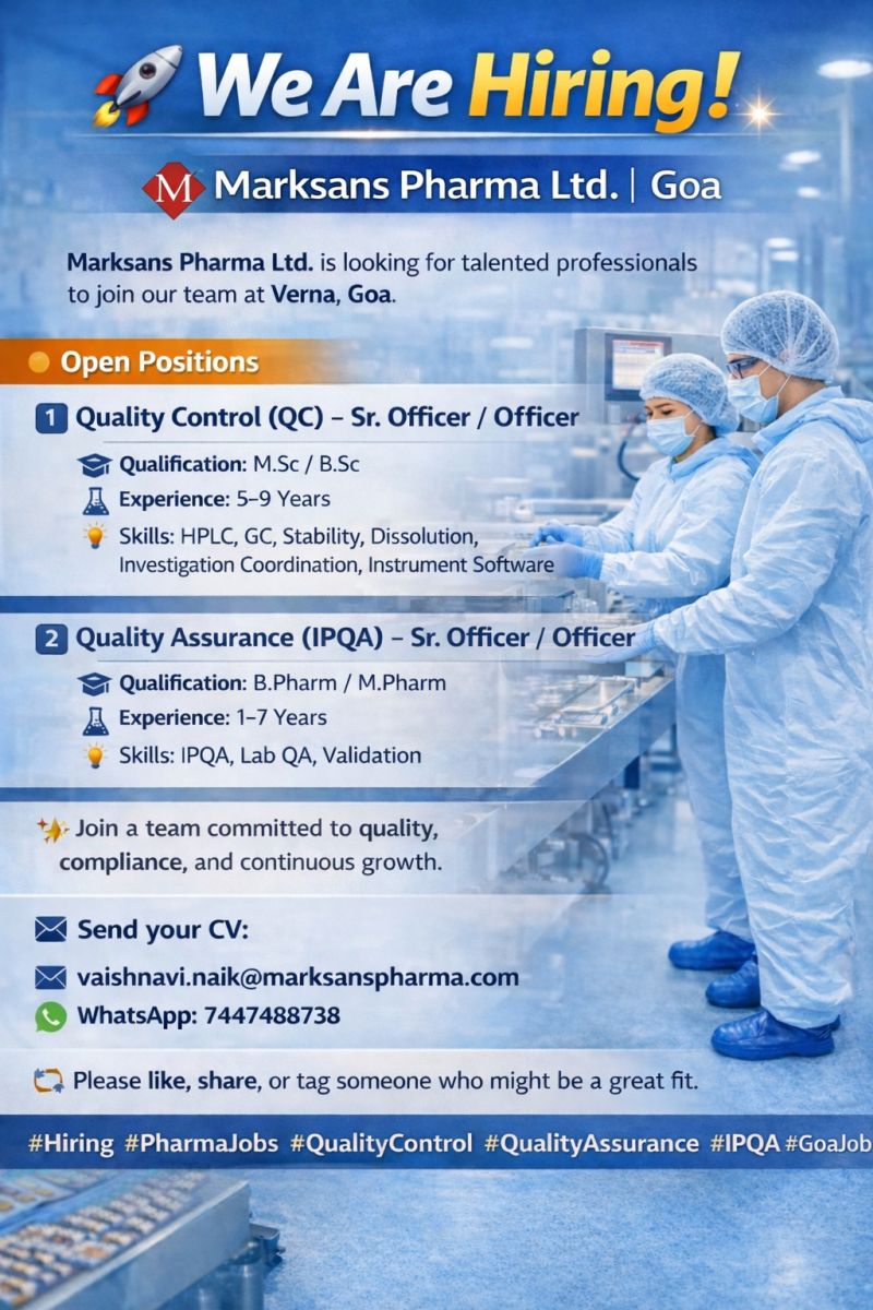 Marksans Pharma Ltd – Hiring For Quality Control & Quality Assurance (IPQA) || Apply Now