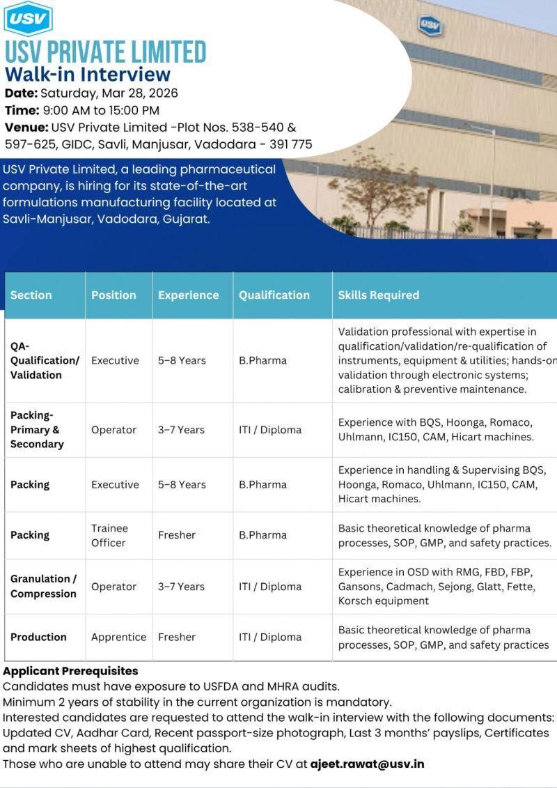 USV Private Limited – Walk-In Interview For Multiple Departments on 28 March 2026