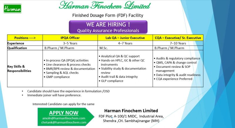 Harman Finochem Limited – Hiring For Quality Assurance Professionals || Apply Now