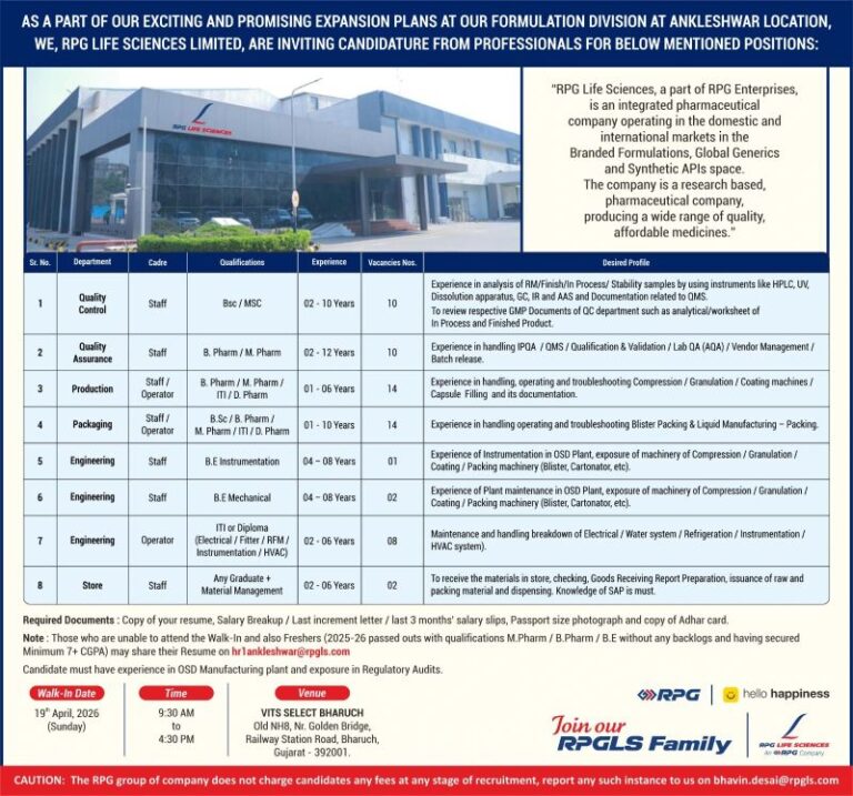 RPG Life Sciences Limited – Walk-In Interview For Multiple Departments on 19 April 2026