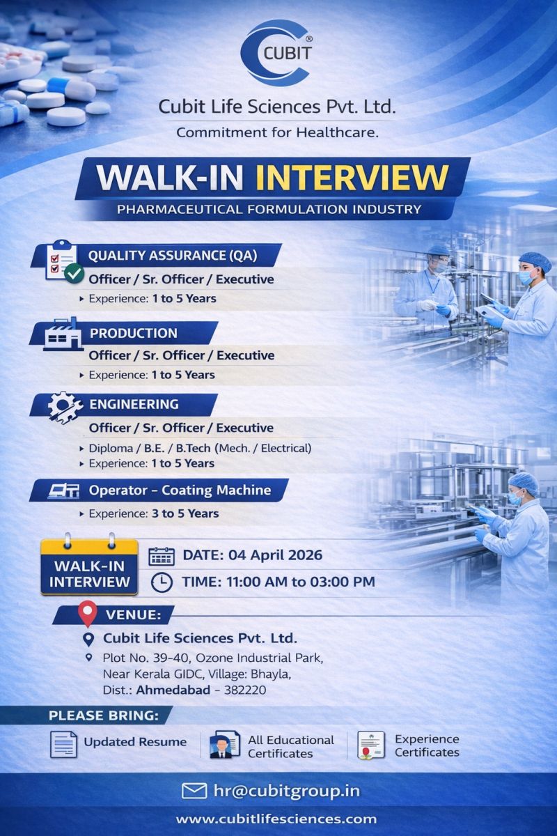 Cubit Life Sciences Pvt. Ltd – Walk-In Interview For Multiple Departments on 04 April 2026