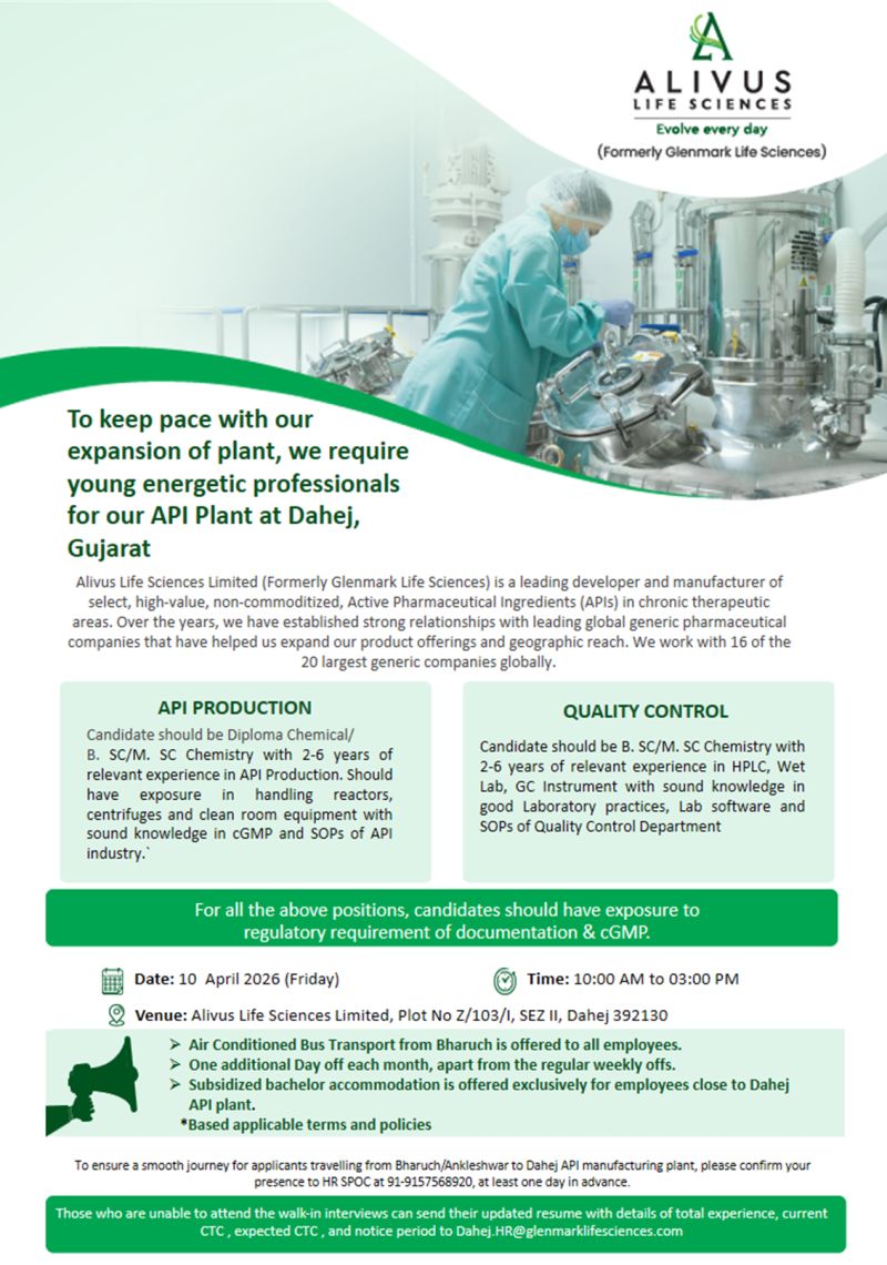 Alivus Life Sciences Limited – Walk-In Interview For API Production & Quality Control on 10 April 2026