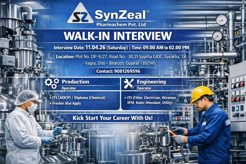 SynZeal Pharmachem Pvt. Ltd – Walk-In Interview For Production & Engineering on 11 April 2026
