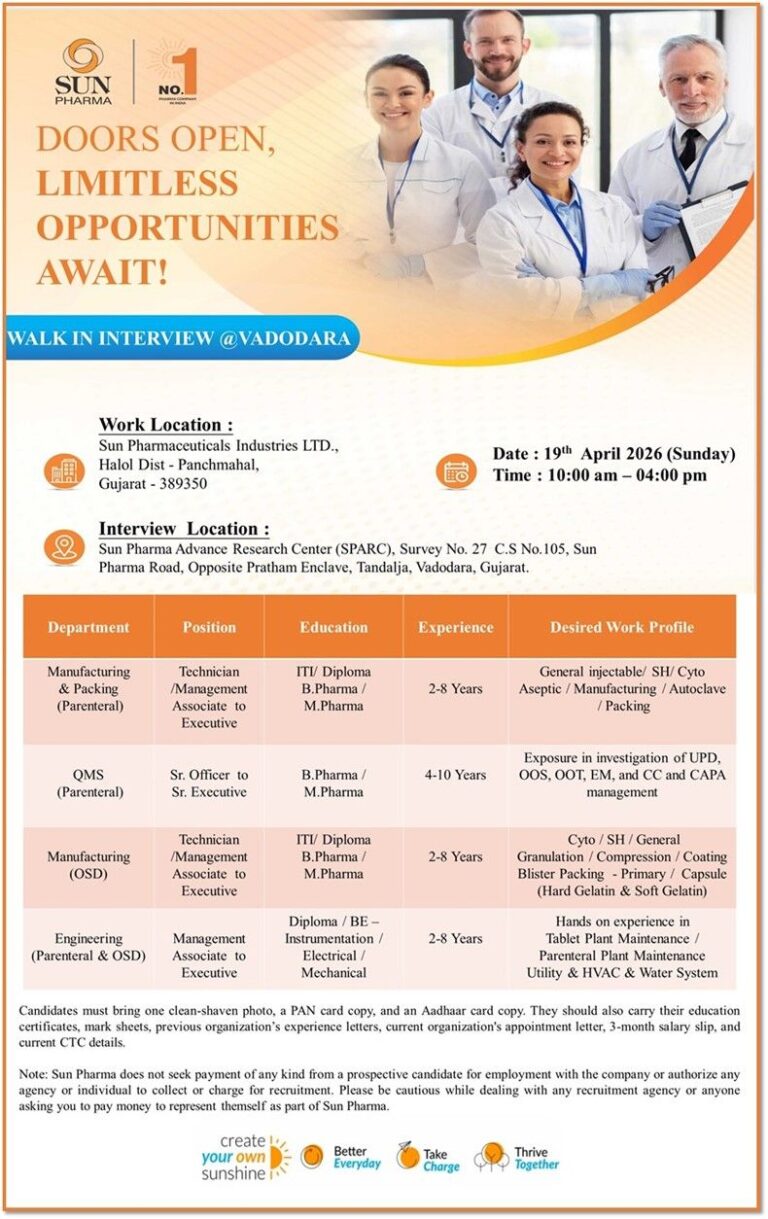 Sun Pharmaceuticals Industries Ltd. – Walk-In Interview For Multiple Departments on 19 April 2026