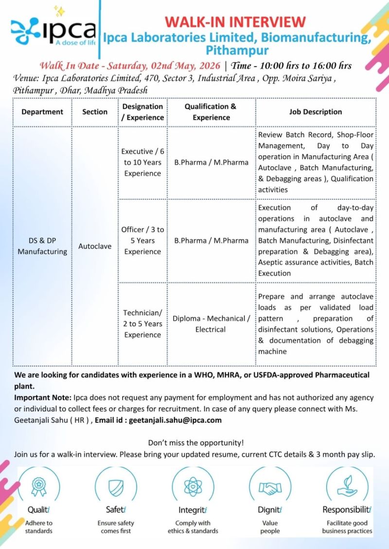 Ipca Laboratories Limited – Walk-In Interview For DS & DP Manufacturing on 02 May 2026