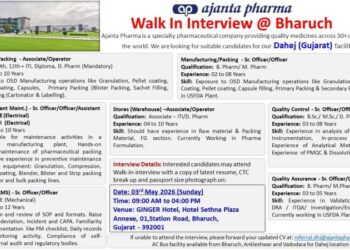Ajanta Pharma Ltd – Walk-In Interview For Multiple Departments on 3 May 2026
