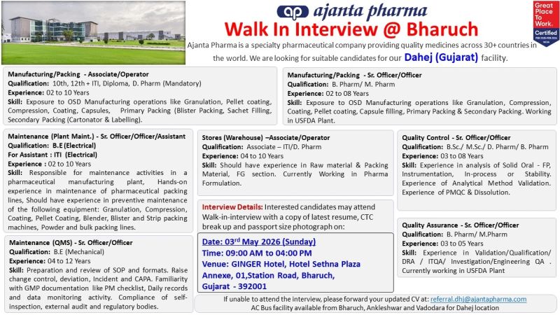 Ajanta Pharma Ltd – Walk-In Interview For Multiple Departments on 3 May 2026